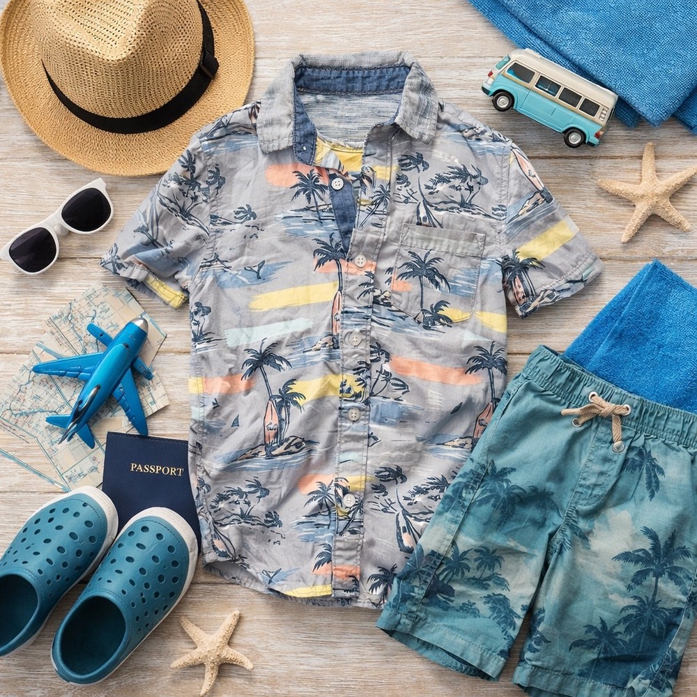 Gymboree Button Front Shirt Gray Tropical Palm Tree Surfboard XS‎ 4 Short Sleeve
